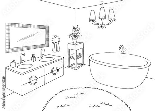 Bathroom graphic home interior black white sketch illustration vector 