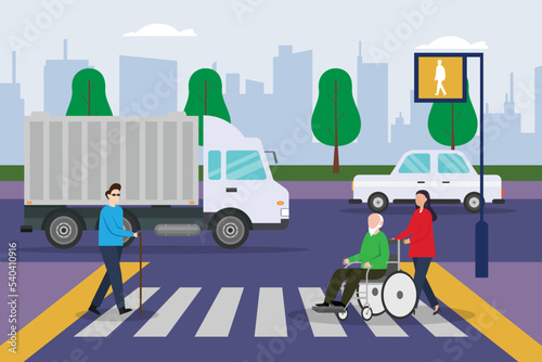 Disabled people crossing street 2d vector illustration concept for banner, website, illustration, landing page, flyer, etc.