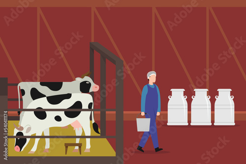 Milking of cows in cowshed 2d vector illustration concept for banner, website, illustration, landing page, flyer, etc.
