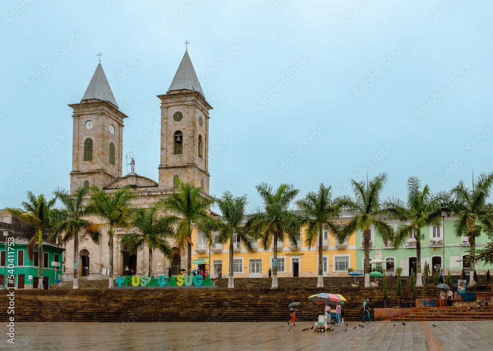 Main square and main church of Fusagasuga under the rain, Cundinamarca, Colombia.