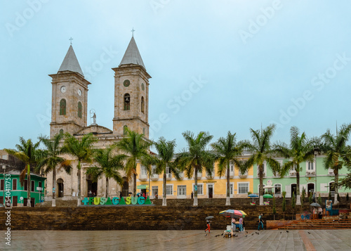Main square and main church of Fusagasuga under the rain, Cundinamarca, Colombia. photo