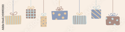 Christmas banner with hanging hand drawn gift boxes. Vector