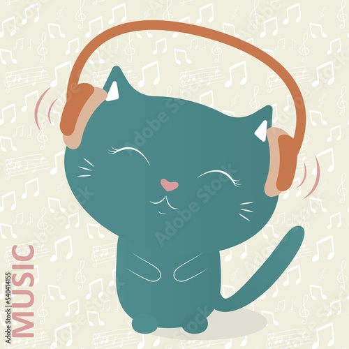Vector cute cat in headphones listens to music. Melomaniac cat.