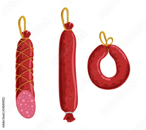 Sausage set. Smoked sausage. Krakow sausage, salami. European delicacy. Bundle of Meat product. Store and market element