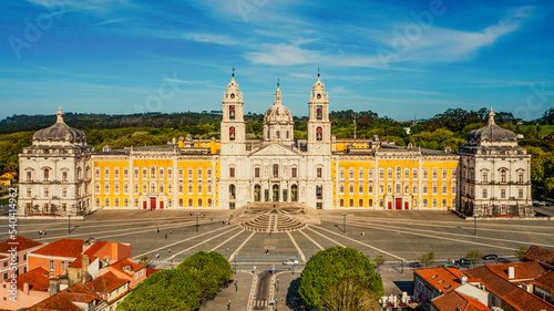 Aerial view of the Palace of Mafra. Unesco world heritage in Portugal. Aerial top view of the Royal Convent and Palace of Mafra, baroque and neoclassical palace. Drone view of a historic castle.