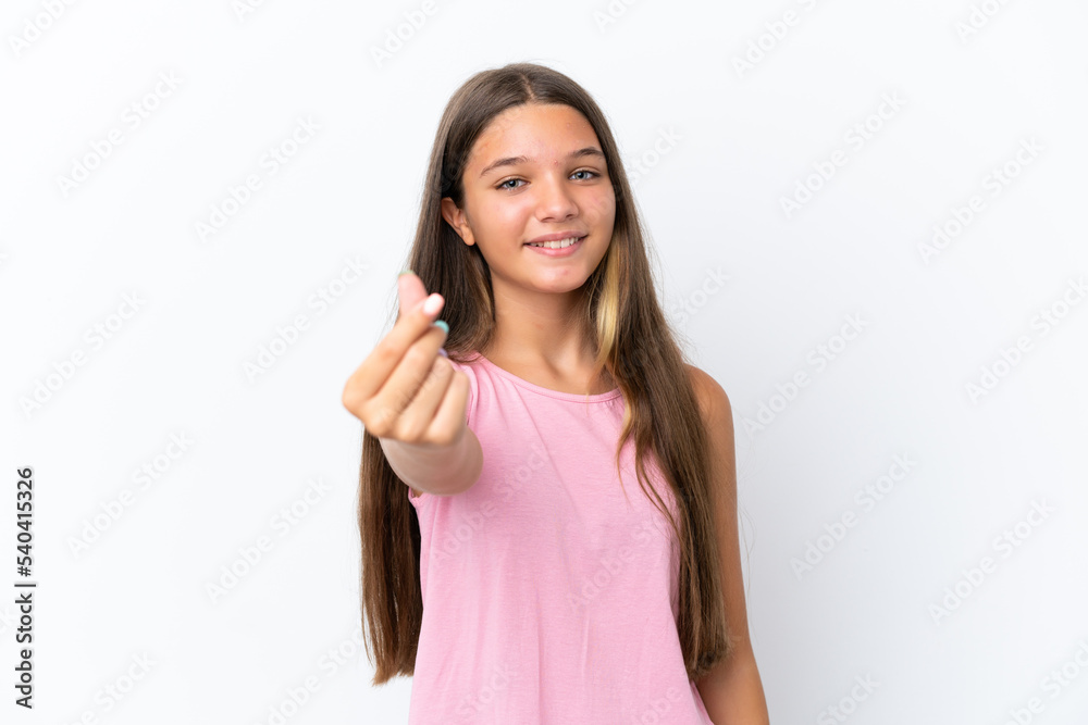 Little caucasian girl isolated on white background making money gesture Little caucasian girl isolated on white background making money gesture