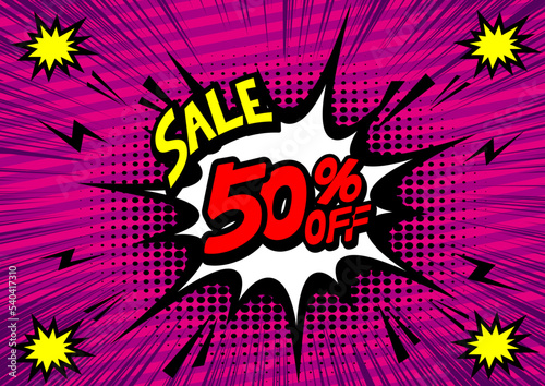 50Percent OFF Discount on a Comics style bang shape background. Pop art comic discount promotion banners.	