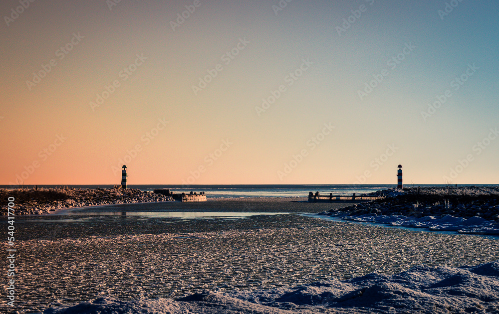 Snow and ice covered harbor in Medemblik, Netherlands. 