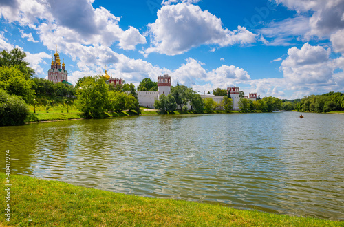 Panoramic view of the Novodevichiy convent in summer sunny day. Moscow. Russia