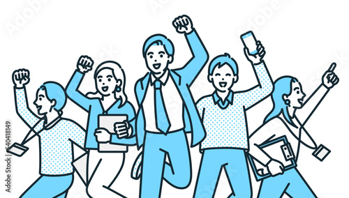 勢いがありやる気に満ちている若いビジネスパーソン。働く男性と女性のイラスト素材。