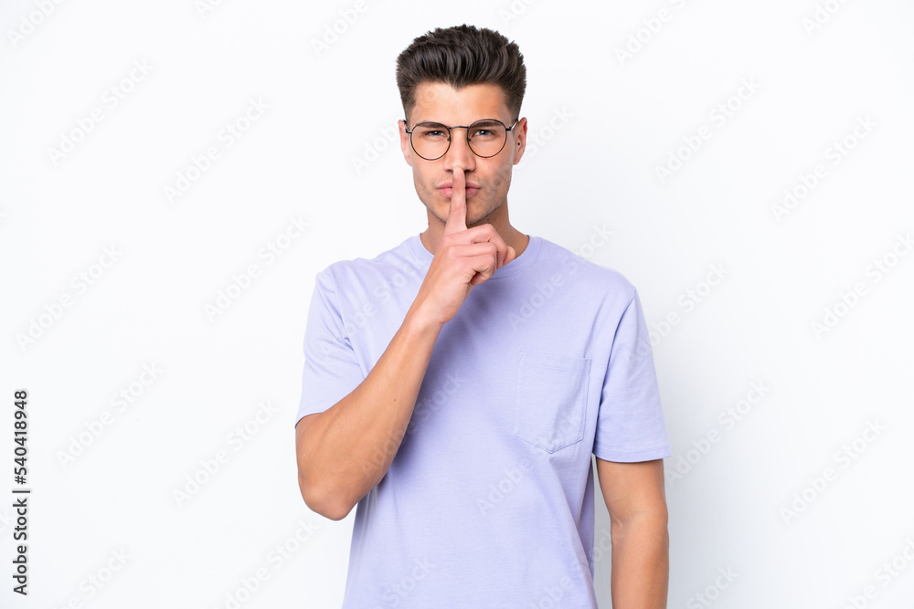Young caucasian man isolated on white background showing a sign of silence gesture putting finger in mouth Young caucasian man isolated on white background showing a sign of silence gesture putting finger in mouth