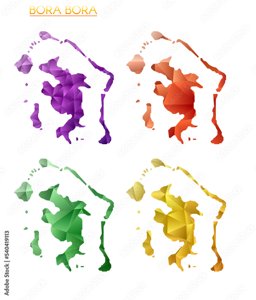 Set of vector polygonal maps of Bora Bora. Bright gradient map of the island in a low poly style. Multicolored Bora Bora map in geometric style for your infographics. Superb vector illustration.