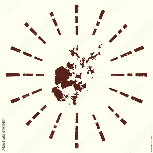 Orkney Islands Logo. Grunge sunburst poster with map of the island. Shape of Orkney Islands filled with hex digits with sunburst rays around. Captivating vector illustration.