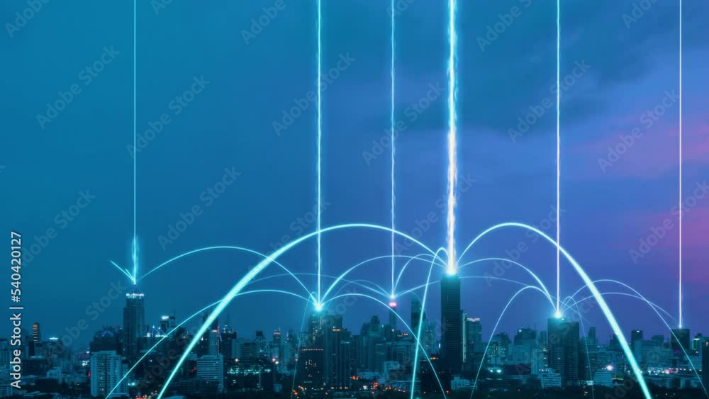 Smart digital city with connection network reciprocity over the cityscape . Concept of future smart wireless digital city and social media networking systems that connects people within the city .