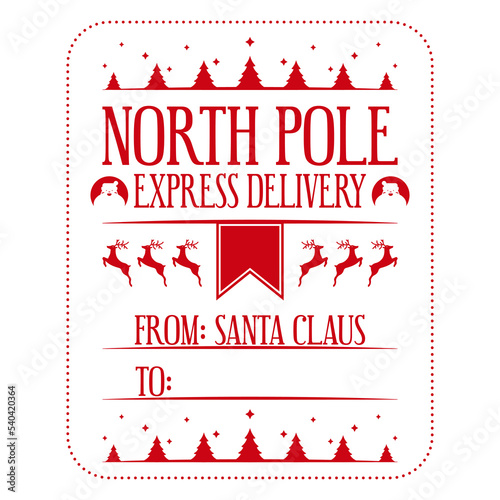 North pole express delivery. Xmas design for a personalized gift bag from Santa Claus. Template for christmas handmade gifts. Vector illustration.
