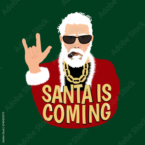 Bad cool old Santa Claus with  beard in a fur coat. Gold glitter sticker print. Congratulation Merry Christmas Santa is coming