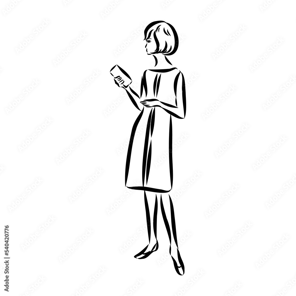 Black and white fashion woman, redhead model with boutique logo background. Hand drawn vector illustration