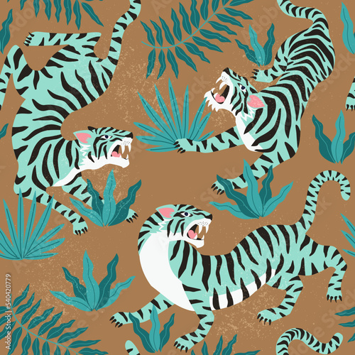 Vector poster set of tigers and tropical leaves. Trendy illustration.