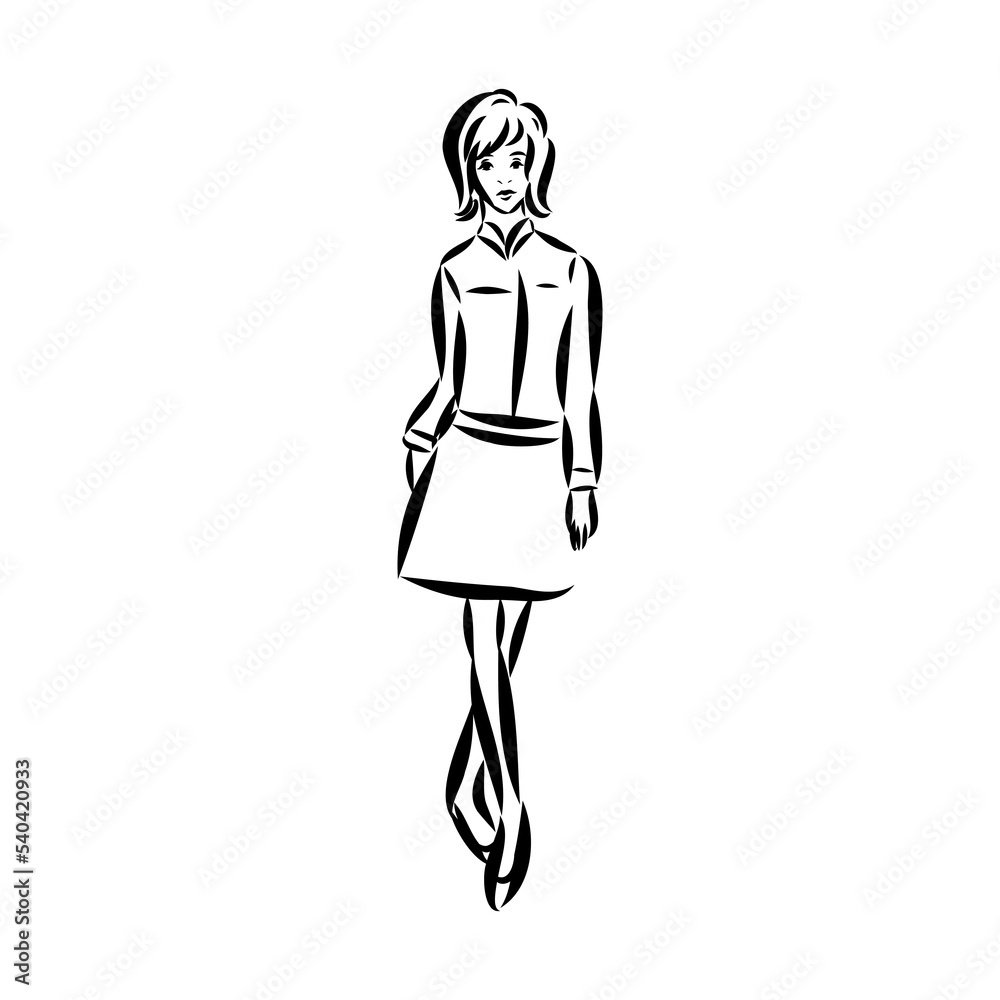 Black and white fashion woman, redhead model with boutique logo background. Hand drawn vector illustration