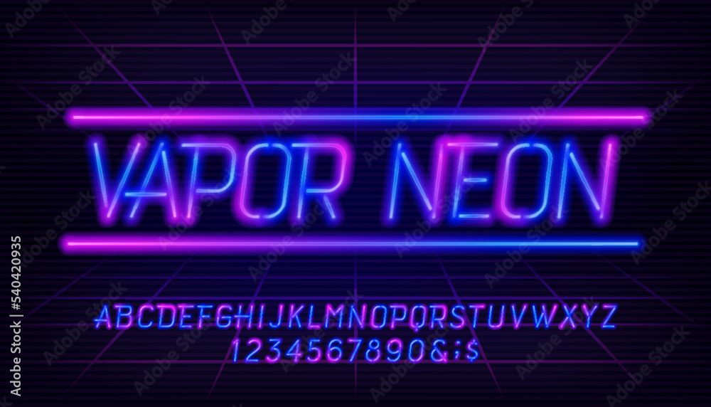 Vapor Neon alphabet font. Two neon colors letters and numbers. Stock vector typeface for your design.