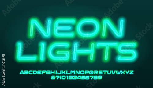 Neon Lights alphabet font. Neon oblique letters and numbers. Stock vector typeface for your design.