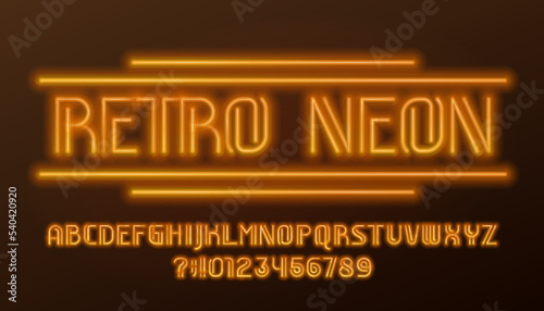 Retro Neon alphabet font. Art Deco neon letters and numbers. Stock vector typescript for your design.