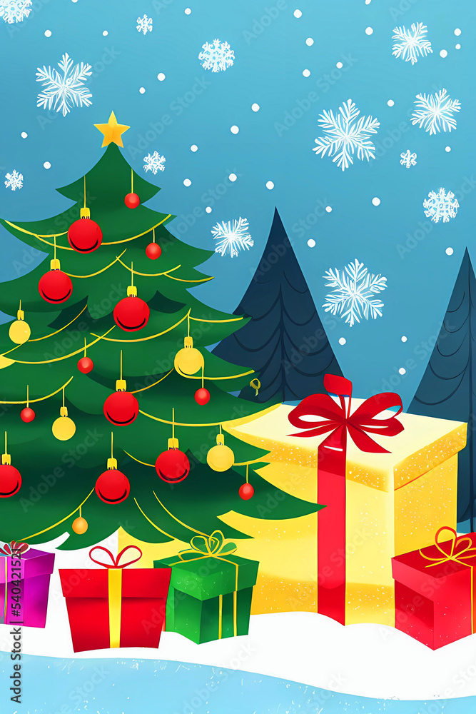 graphic illustration of christmas tree with some gifts in cartoon kids book style