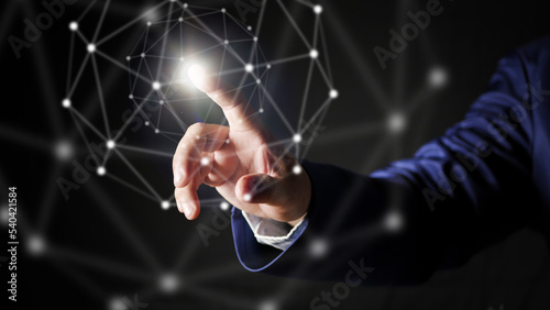 Businessman hand touching empty virtual screen, modern business background concept