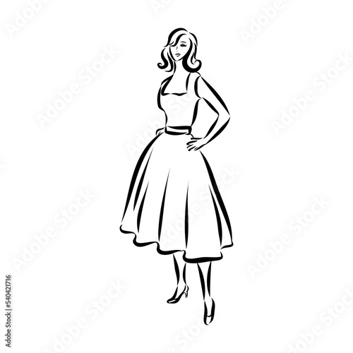 Black and white fashion woman, redhead model with boutique logo background. Hand drawn vector illustration