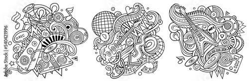 Disco music cartoon vector doodle designs set.