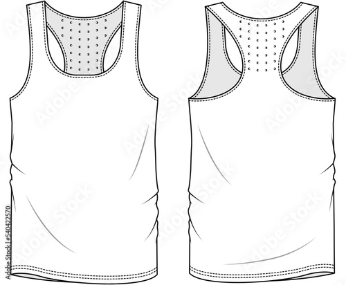 Men's Active Wear Racerback Tank Top Front and Back View. Fashion Illustration, Vector, CAD, Technical Drawing, Flat Drawing, Template, Mockup.