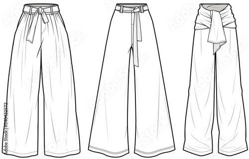 women wide leg casual pant with knot, casual palazzo pants Set Fashion Illustration, Vector, CAD, Technical Drawing, Flat Drawing, Template, Mockup.
