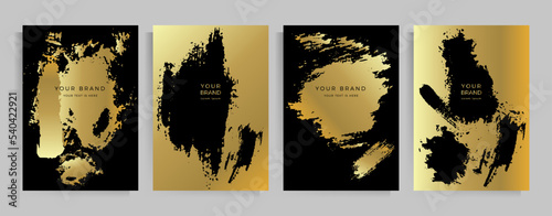Cover design with brush strokes. Black with gold color. Set of vector background templates for flyer, invitation, brochure.