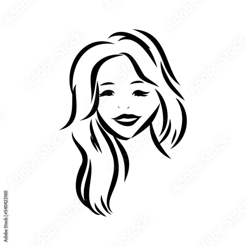 Womans face. Sketch. The head of the girl in full face. Vector illustration. Haircut for medium hair-cascade. Plump lips. Lady with heterochromia. One eye is blue, the other brown. Female portrait.