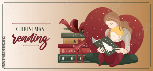 Mom with baby son are reading winter Christmas book. Family holiday loungewear. Cozy reading aloud for child. Children's book, story. Cute vector illustration for flyer, advertisement, banner, cover.