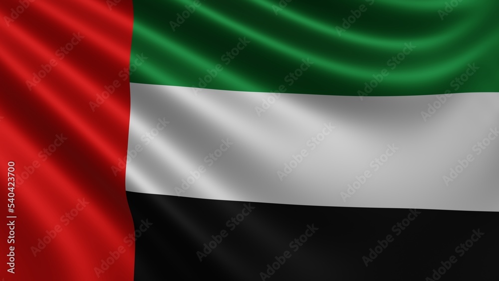 Render of the United Arab Emirates flag flutters in the wind close-up, the national flag of UAE flutters in 4k resolution, close-up, colors: RGB. High quality 3d illustration