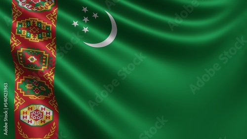Render of the Turkmenistan flag flutters in the wind close-up, the national flag of Turkmenistan flutters in 4k resolution, close-up, colors: RGB. High quality 3d illustration