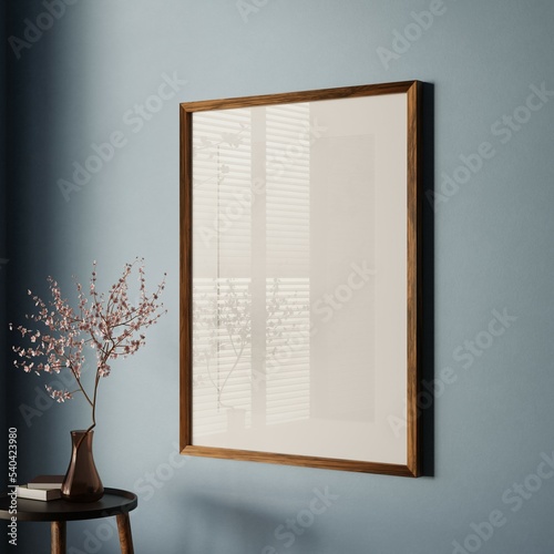 Vertical wood frame mockup in living room interior with light reflection. 3d rendering, 3d illustration