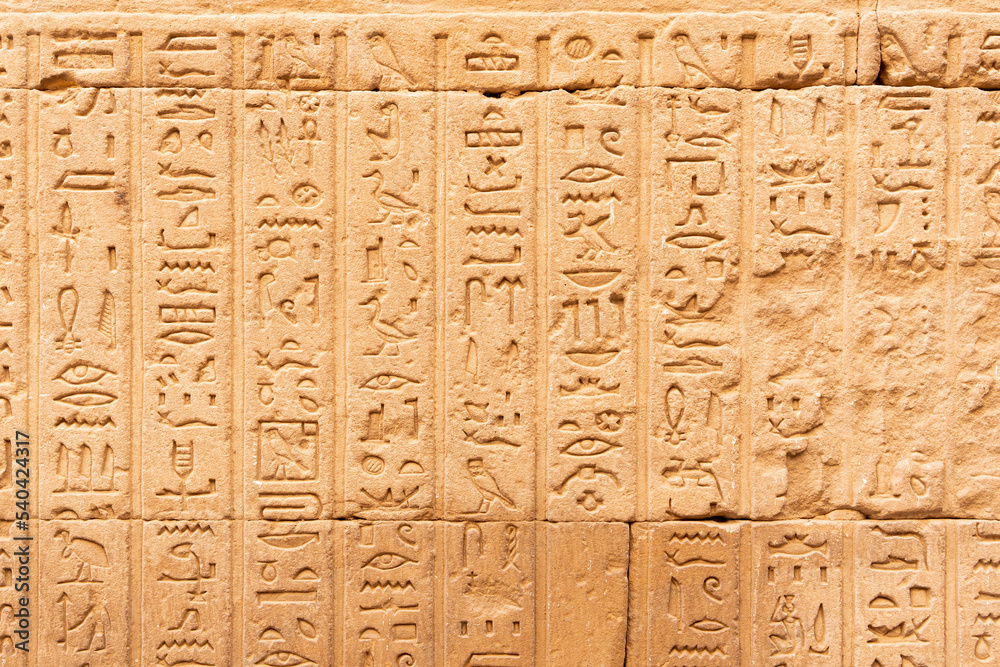Hieroglyphs engraved in relief on an ancient Egyptian temple wall
