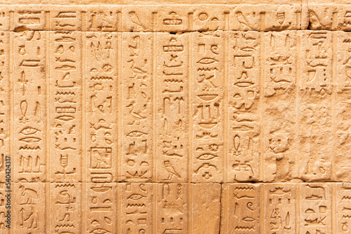 Hieroglyphs engraved in relief on an ancient Egyptian temple wall