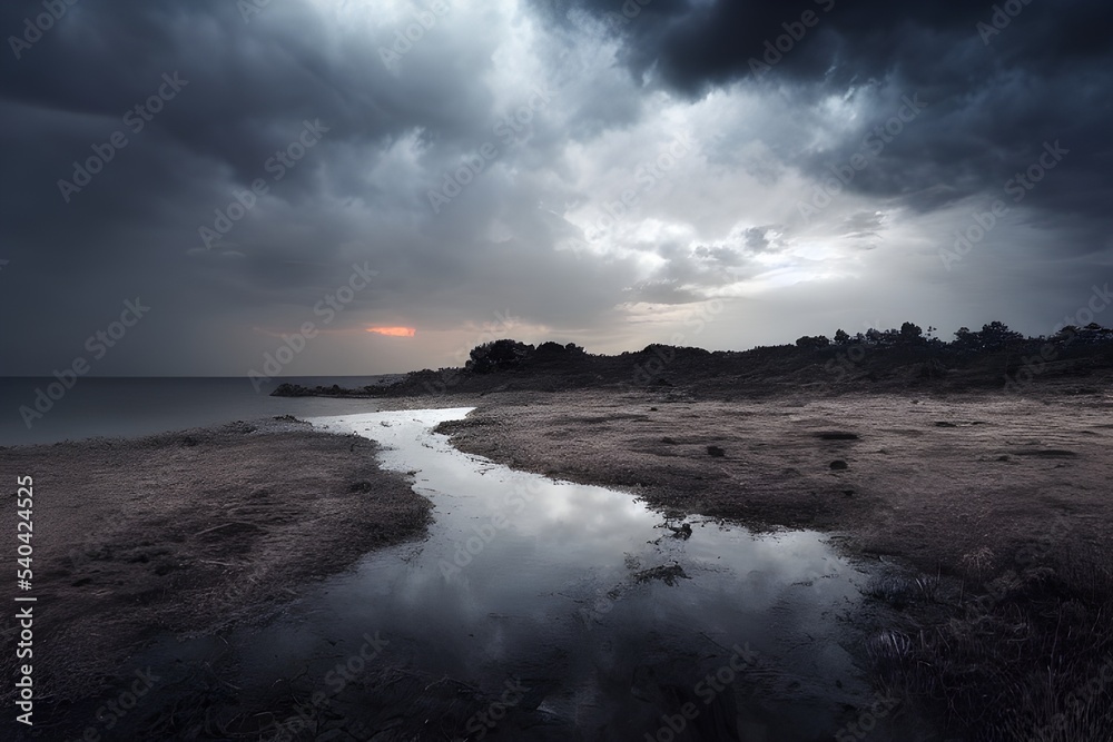 Fototapeta premium A lonely overcast beach. Gloomy mood. 