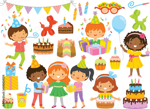 Birthday clipart set with kids and birthday party items