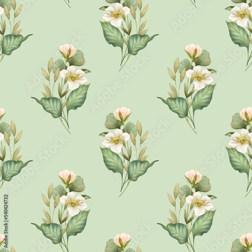 Seamless green pattern with white flowers