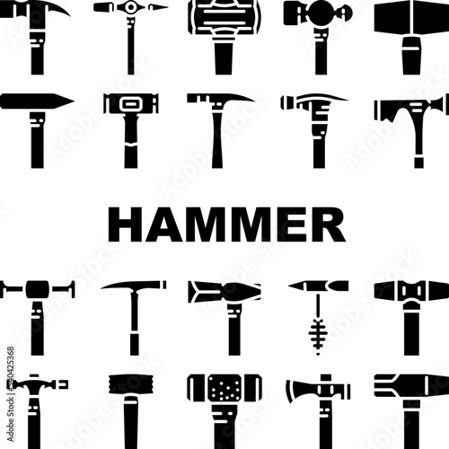 hammer tool construction icons set vector. carpentry wood, equipment work, metal repair, mallet carpenter court, hand hammer tool construction glyph pictogram Illustrations