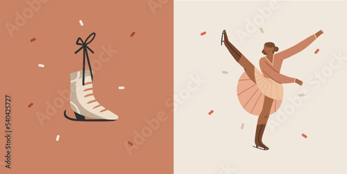 Hand drawn vector abstract graphic Merry Christmas and Happy new year illustration figure ice skating people.Christmas cute design background.Winter holiday art concept.Modern creative greeting card.