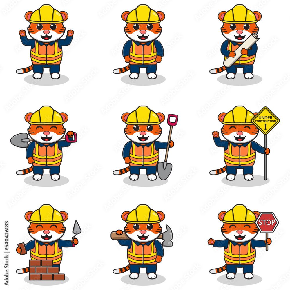Vector illustration of Tiger character at construction site. Construction workers in various tools. Cartoon Tiger characters in hard hat working at building site vector.