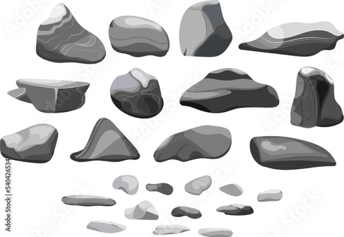 Collection of stones of various shapes Coastal pebbles,cobblestones,gravel,minerals and geological formations.Rock fragments,boulders and building material.Vector illustration.