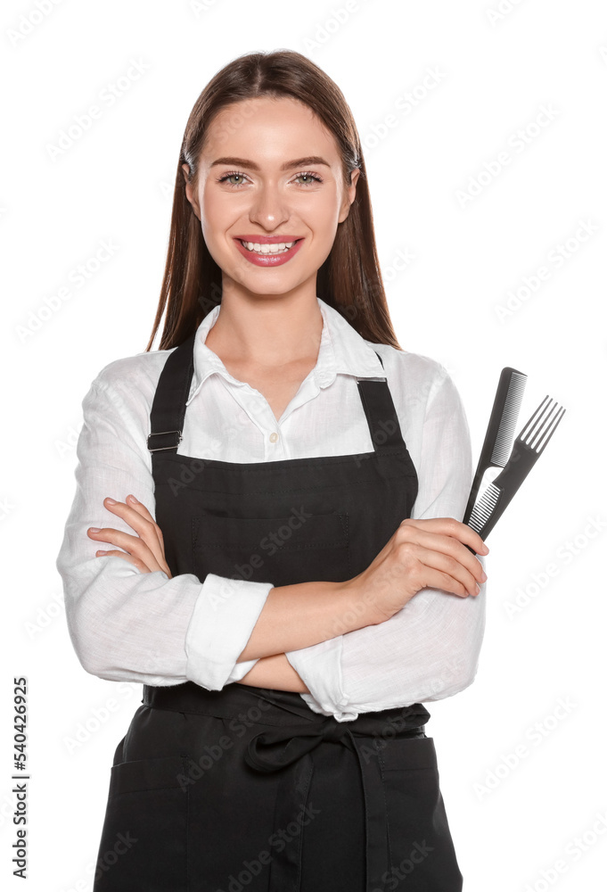 Portrait of happy hairdresser with combs on white background Portrait of happy hairdresser with combs on white background
