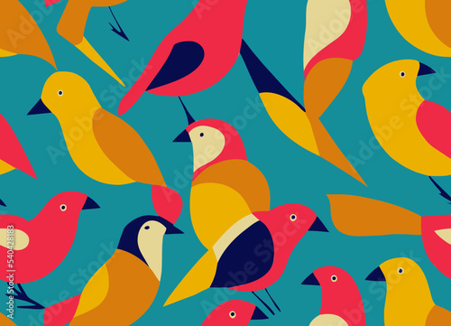 A colourful seamless pattern of tropical birds.