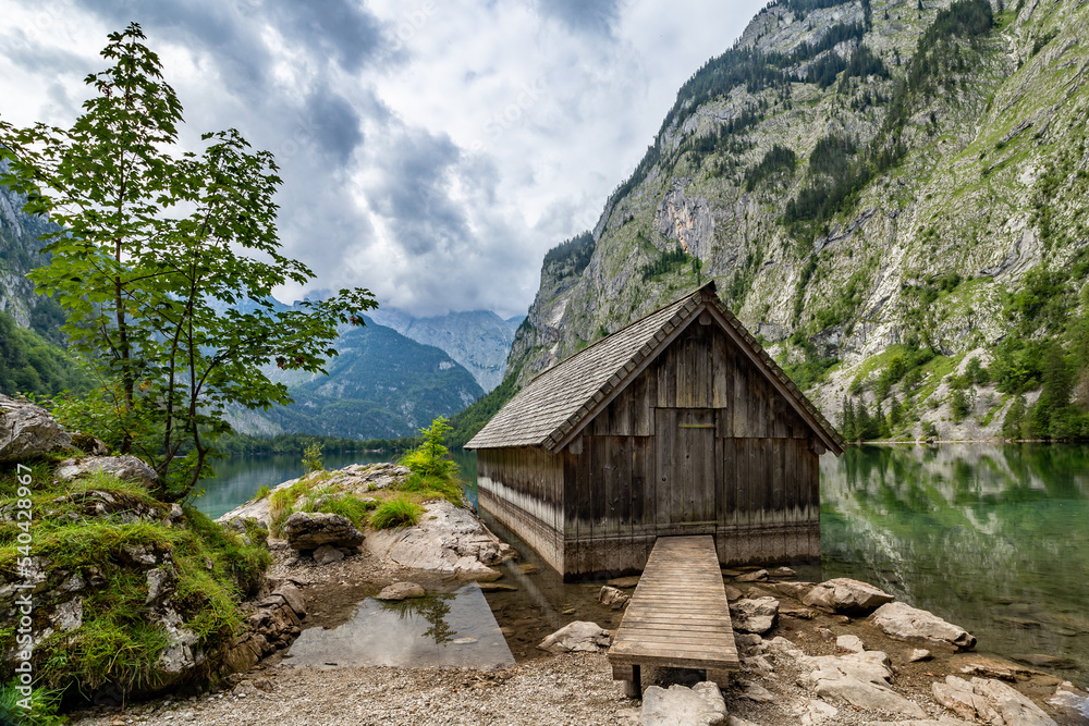 Boat House at Obersee Mountain Lake in Alps, Berchtesgaden, Germany, Europe